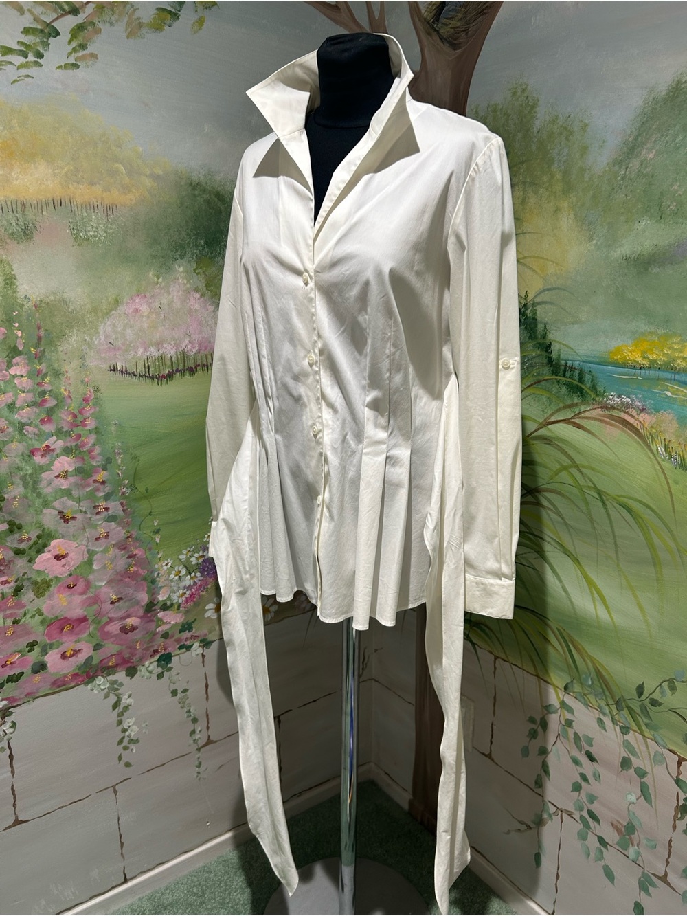 Vintage Lafayette 148 New York White Pleated Wrap Tie Waist Button-Down Shirt - Picture 3 of 10